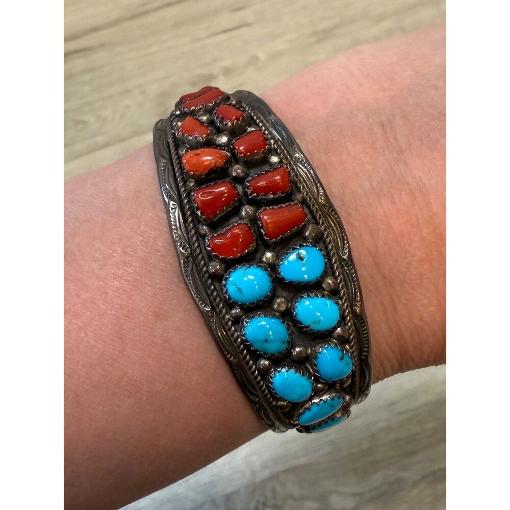 Navajo Yellowhorse Turquoise Coral Sterling Silver Cuff Bracelet Native American - Picture 16 of 16